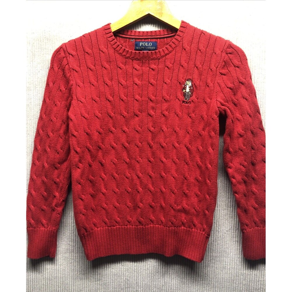 Polo Ralph Lauren Kids Sweater Size M 10-12  Red Cable Knit Logo